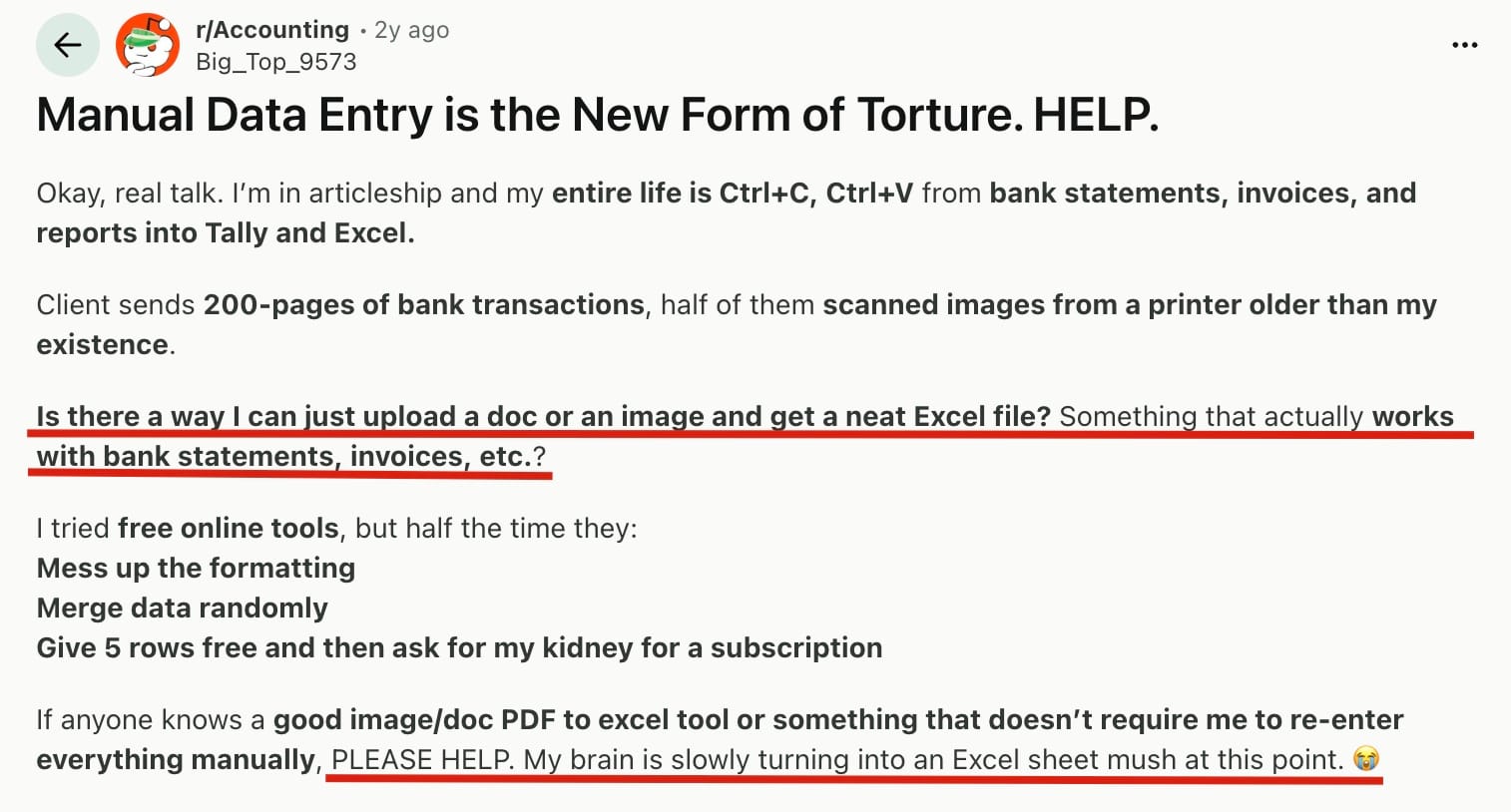 X (Twitter): "Spent 4 hours manually re-typing PDF statements... why does every tool suck?"